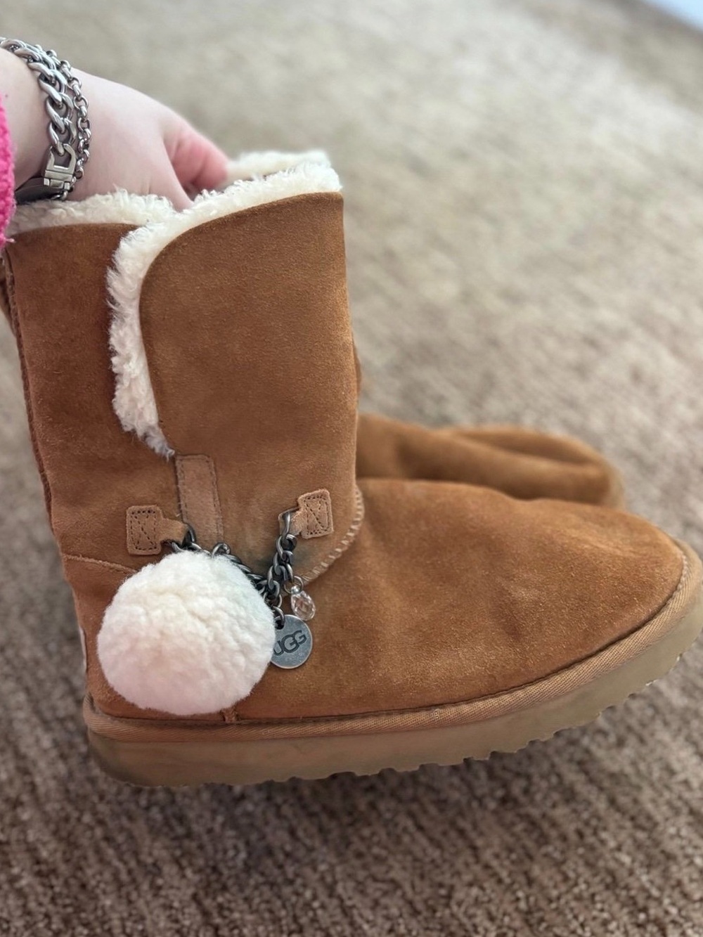 UGG Chestnut Suede Pom-Pom Boots with Charm Y2K Size 8